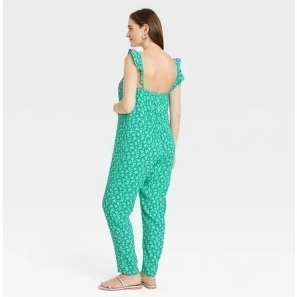 The Nines By Hatch SZ L Maternity Floral Flounce Jumpsuit Green Floral NWT - Picture 3 of 9